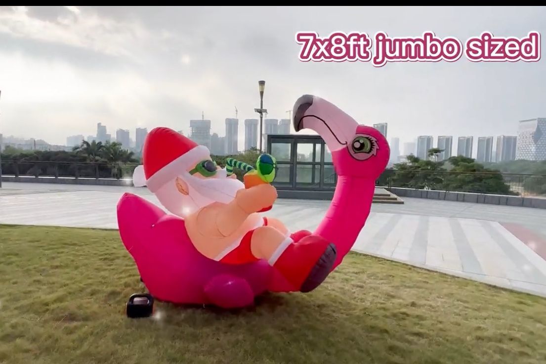 7ft Jumbo sized Santa with Flamingo Inflatable, Outdoor Christmas Decoration with Built-in LED