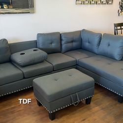 Brand New Charcoal Linen Sectional Sofa +Storage Ottoman (New In Box) 
