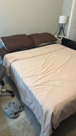 IKEA queen bed + mattress + mattress topper + duvet + nightstand