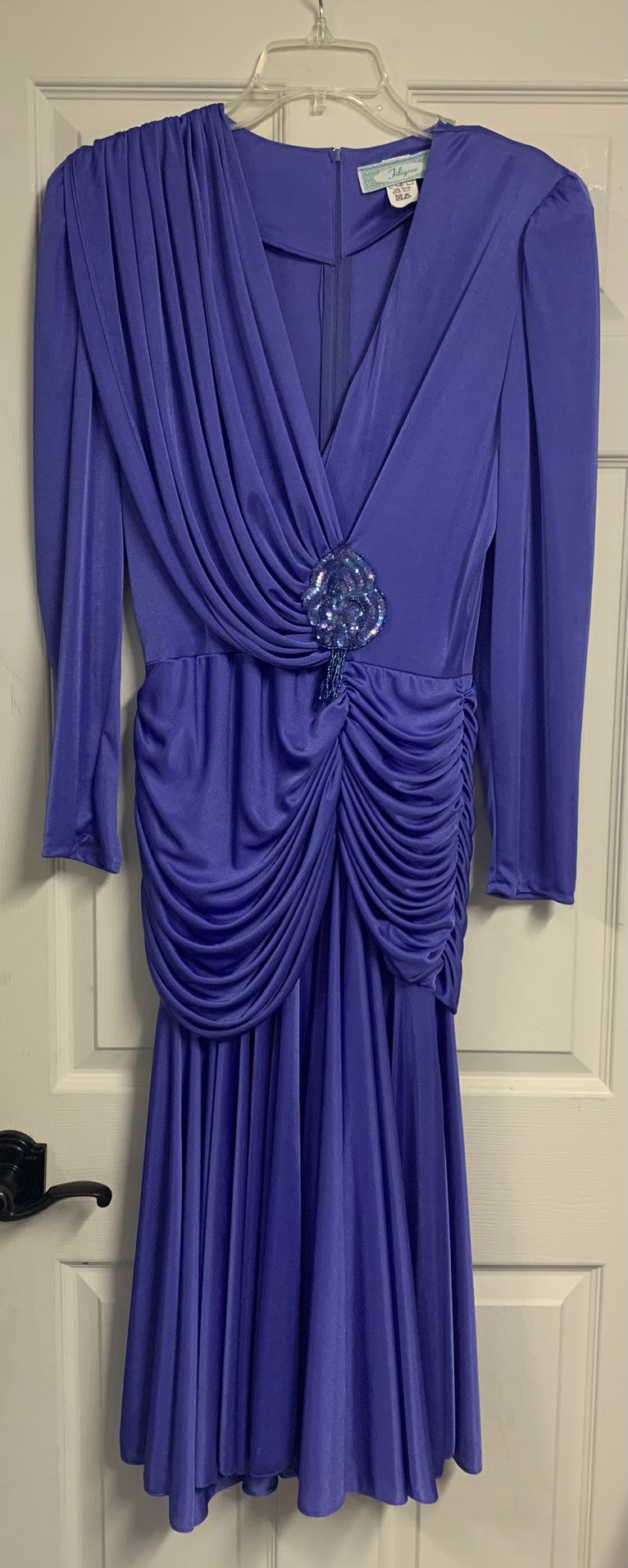 Purple Long Sleeved Draped Gathered Bodice Beaded Flower Detail, Hollywood Regency Dress, Size 12