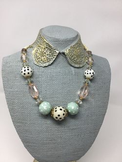 Polka Dot Bead, Off White & Translucent Bead Necklace Blue White Pink 19+ Inches Long