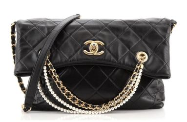 CHANEL Pearl Strap Fold Over Quilted Calfskin Medium Shopping Tote