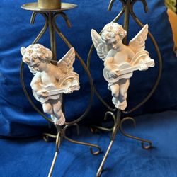 2 Vintage Inspired Metal Taper Candle Stick Holder Resin White Cherub Angel 11"