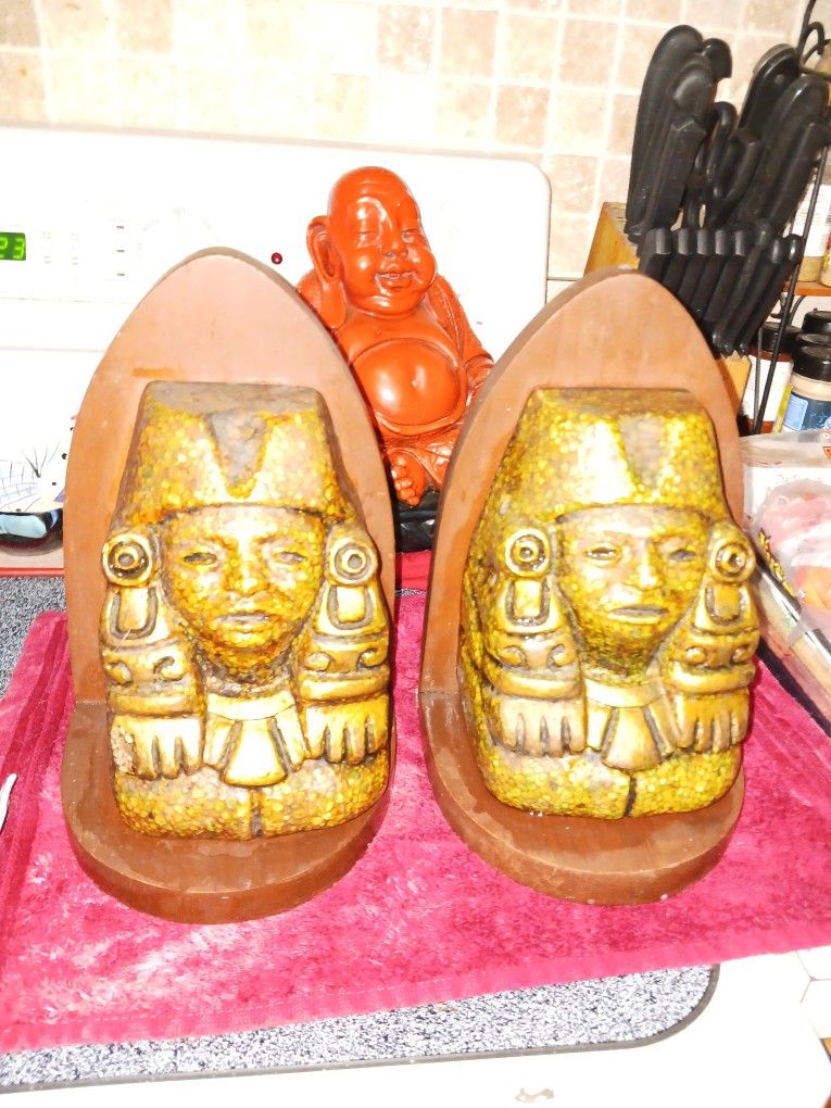 Collectors 2 PC Set Stone Made On Wood Blocks Stand Has Written Material On Back Very Old Antique Worth Alot Take Offers Only For Now