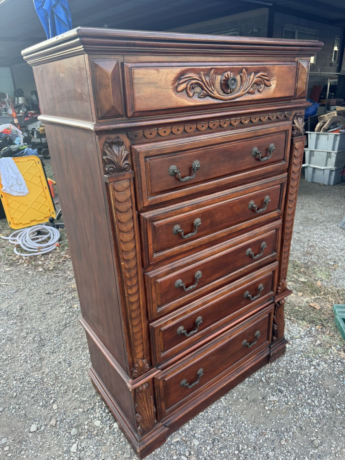 22 years old antique Carved Mahogany 6 drawers Tall Chest or dresser