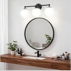 Black Vanity Lights for Bathroom, Farmhouse Bathroom Light Fixtures 3-Light Over Mirror with Milky Glass Globe Shade,