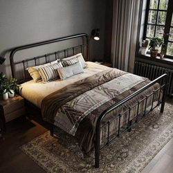 Queen Size Metal Platform Bed Frame with Victorian Style Wrought Iron-Art Headboard/Footboard, Black