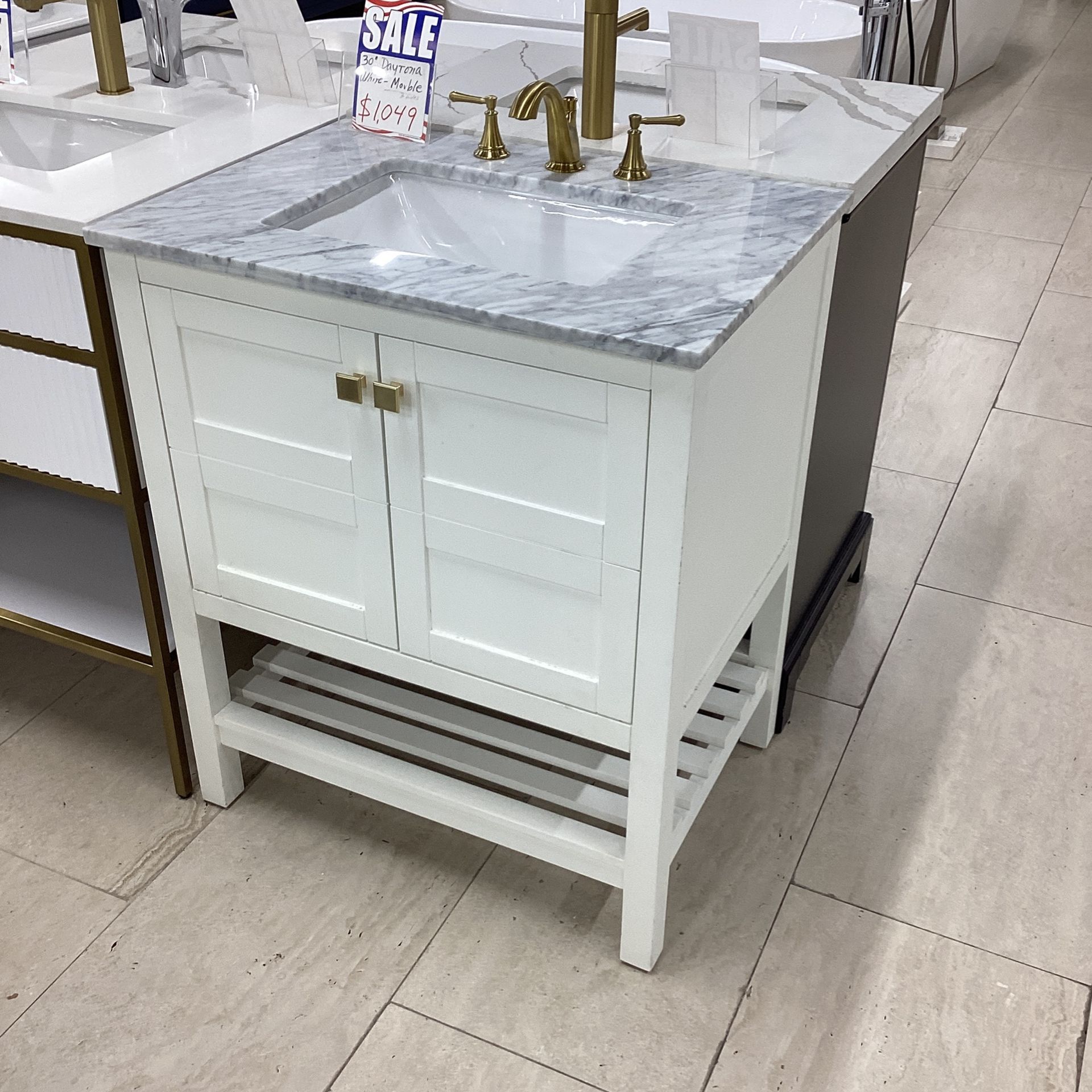 30” Bathroom Vanity Cabinet New Solid Wood Fully Assembled With Softclose Doors Marble Top With Sink Integrated Ready For Pick Up Today