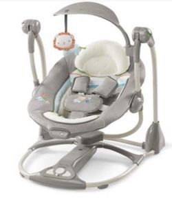 Hardly used ingenuity portable baby swing, with 6 melodies, and 2 reclining-positions. Soothing vibrations swings at 6 speeds
