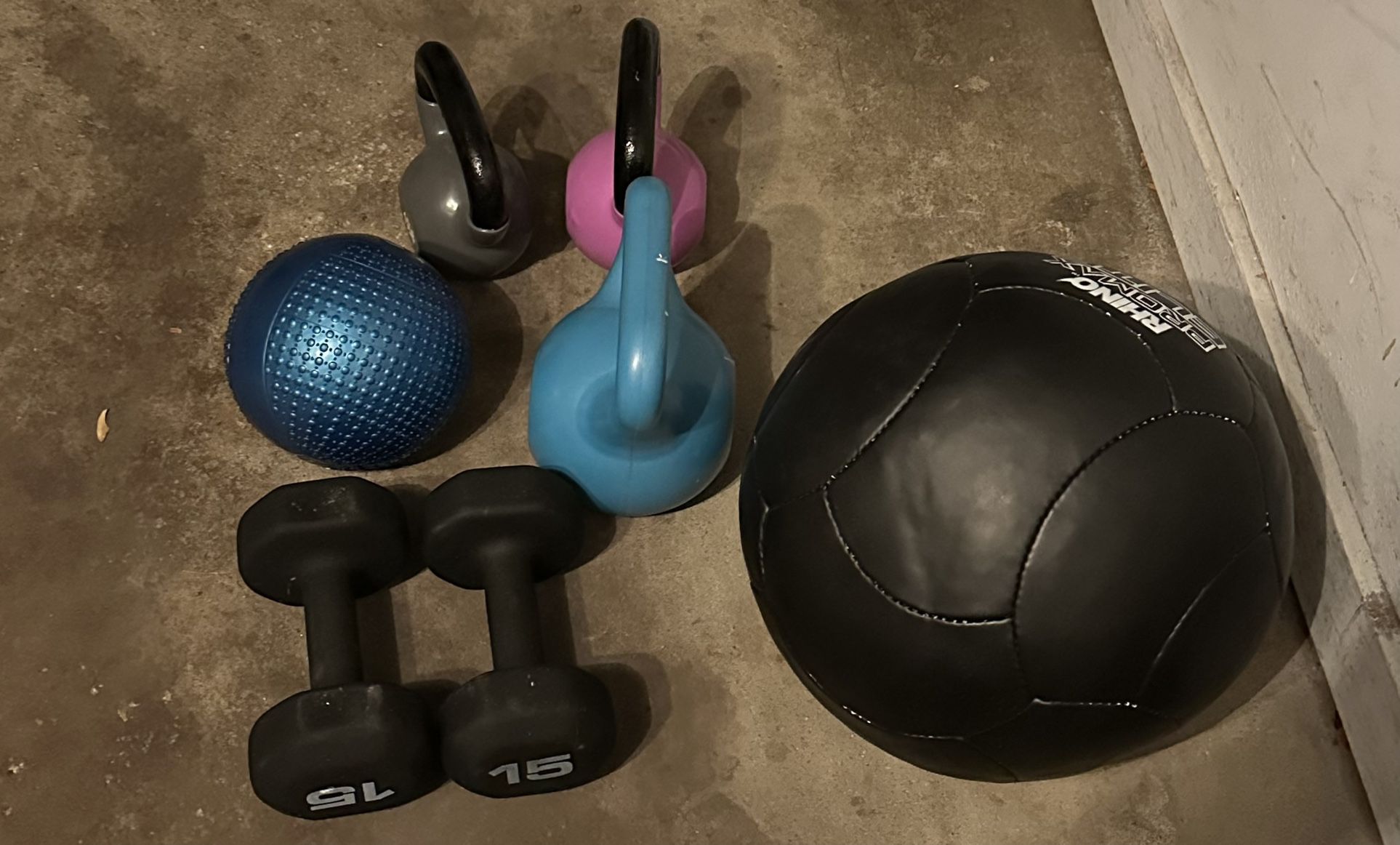 Kettlebells, Weighted Medicine balls, free weights