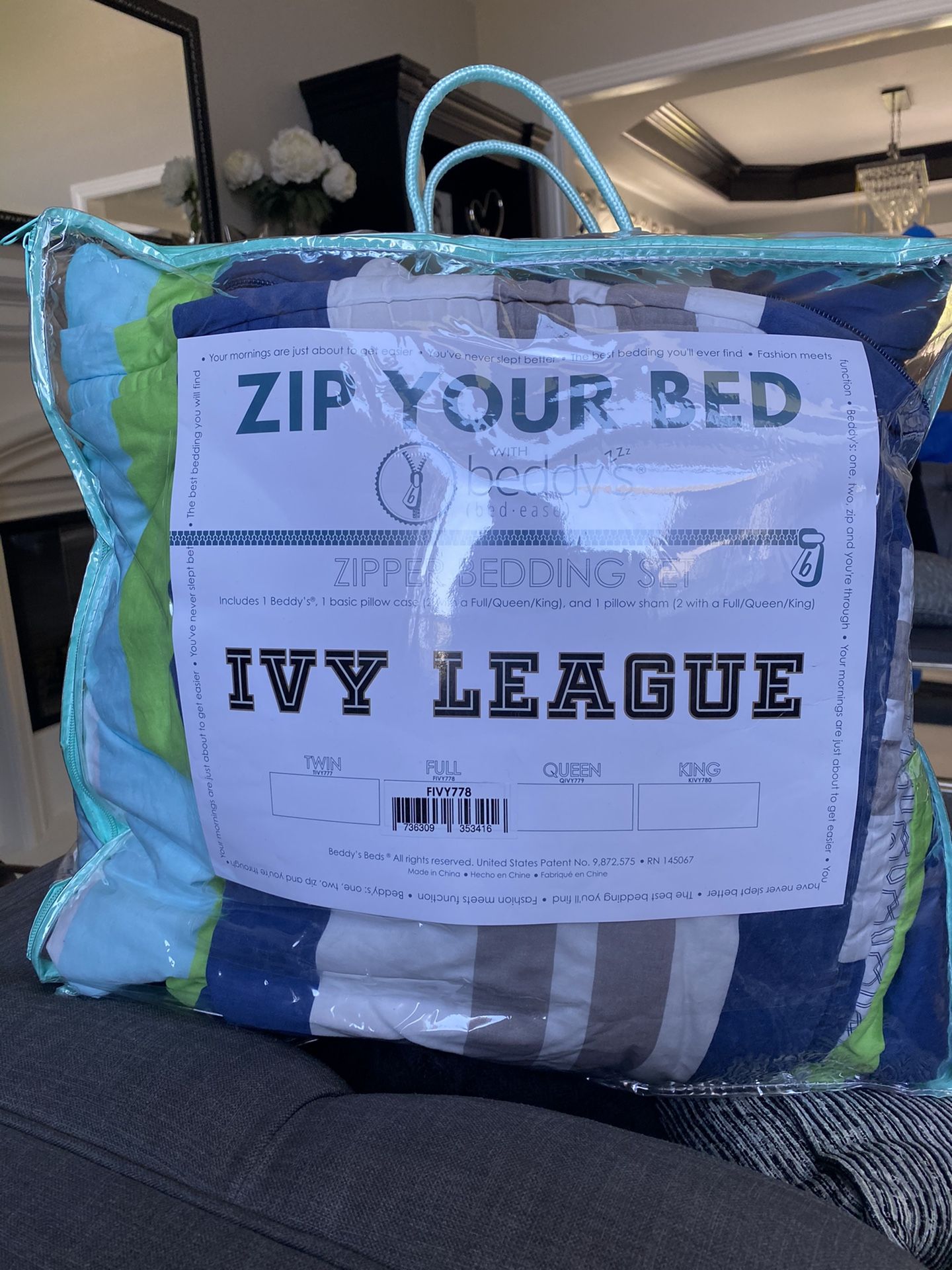 Full size comforter. Originally bought from Beddy's.com normal usage. Zips up so you don't have to tuck your sheets and comforter. Good for kids Bc
