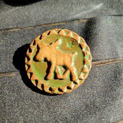 Vintage Redware Handmade Pottery Glazed Moose Brooch 1.25" Diam