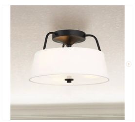 Heatherwood 14 in. 3-Light Matte Black Semi-Flush Mount with Fabric Drum Shade - New
