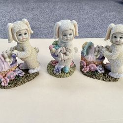 3 Vtg. Resin Easter Figurines Children Dressed Like Bunnies Holiday Seasonal Decor