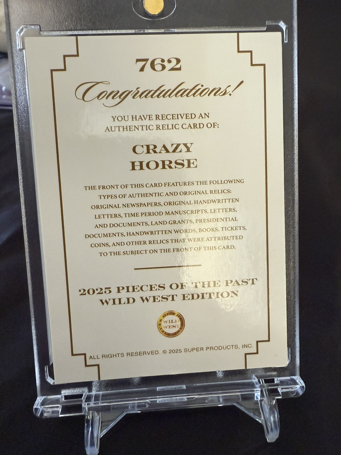 Pieces of the Past Wild West Edition Relic card featuring the Lakota war leader Crazy Horse. The small square of fabric in the center is an authentic