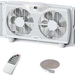 shinic Twin Window Fan with Remote, 9-Inch Blades Reversible Airflow, Thermostat Control, 3 Speeds, 3 Functions, 23.8"-37" Expandable Width, Window Ex