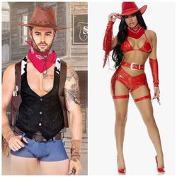 Couple Halloween Costume Sexy Outfit Red Cow Girl And Cow Boy Comes With Hat 