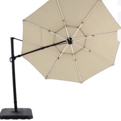 allen + roth 11-ft Aluminum Beige Crank Cantilever Patio Umbrella with Lights with Base