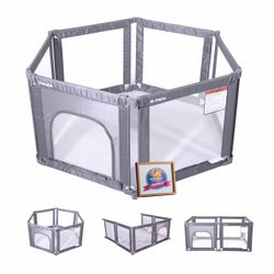 Babelio Wall Mountable Playard, Foldable Playpen for Babies and Toddlers- Adjustable Shape & Area, 62 * 31" Playpen with Zipper Gate, Portable Baby Fe