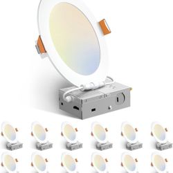 12 Pack 6 Inch 5CCT Ultra-Thin LED Recessed Ceiling Light with Junction Box, 1050LM Brightness, Dimmable Canless Wafer Downlight, 12W, ETL&FCC