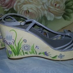 Purple Wedge Sandals - Size 8 With Floral And Beaded Accents
