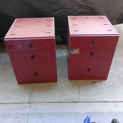 Red wooden filing cabinets end tables night stands