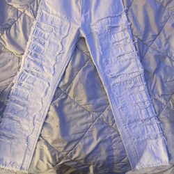 white stacked jeans
