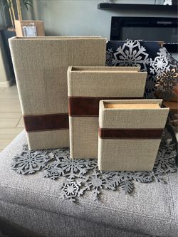 Large 3 Nestling Book Storage Boxes Burlap & Faux Leather Lrg Box 15X11X3”