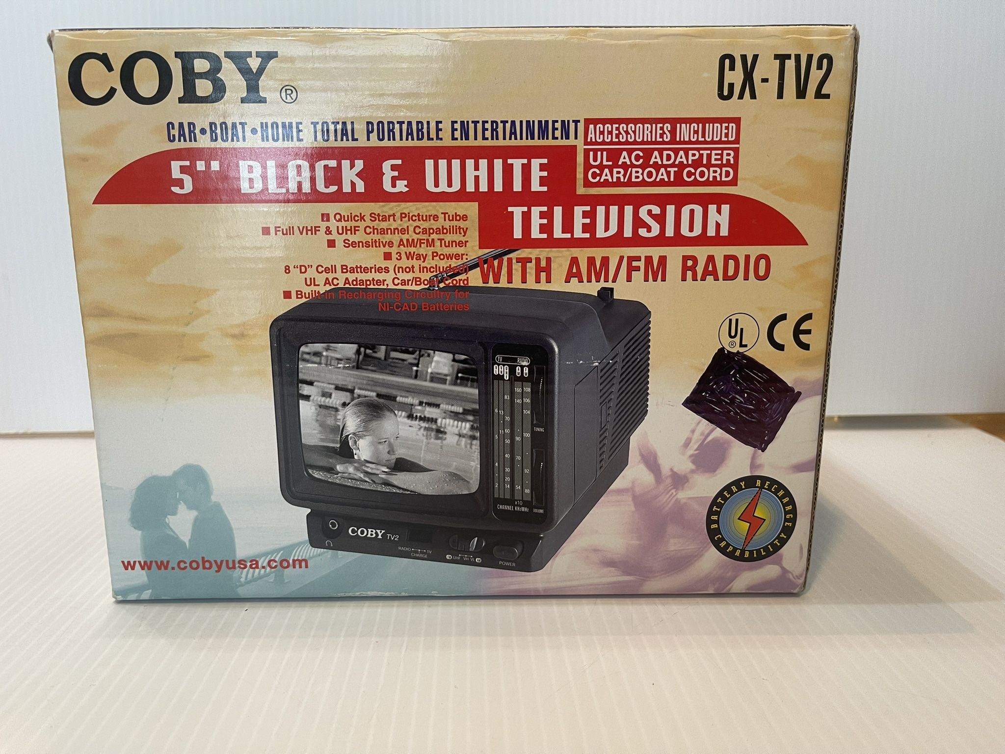Coby CX-TV2 5" Portable Black & White Television with AM/FM Radio Car Boat Home