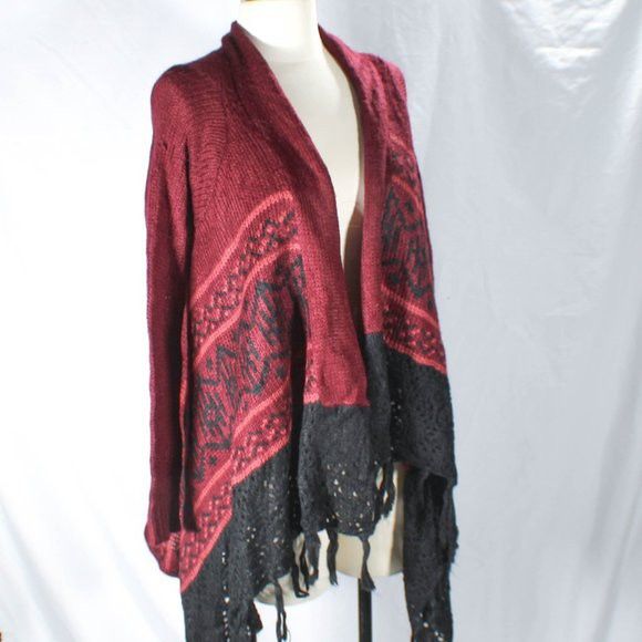 Elegant Whimsigoth Burgundy Dusty Rose Open Front Cardigan Tassels Size Med NWT