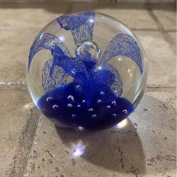 Indigo Blue Glass Flower Bubble Paperweight