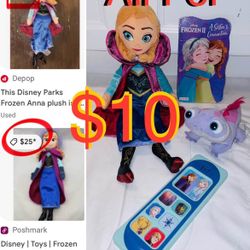 $10 Disney Bundle of Frozen Toys & Books Anna Princess 18” Tall,Bruni plushy 9” and musical book