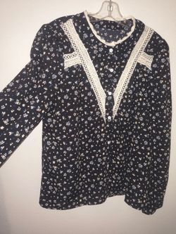 Vintage Black Floral Lace Trim Cottagecore Prairie Button Front Blouse L