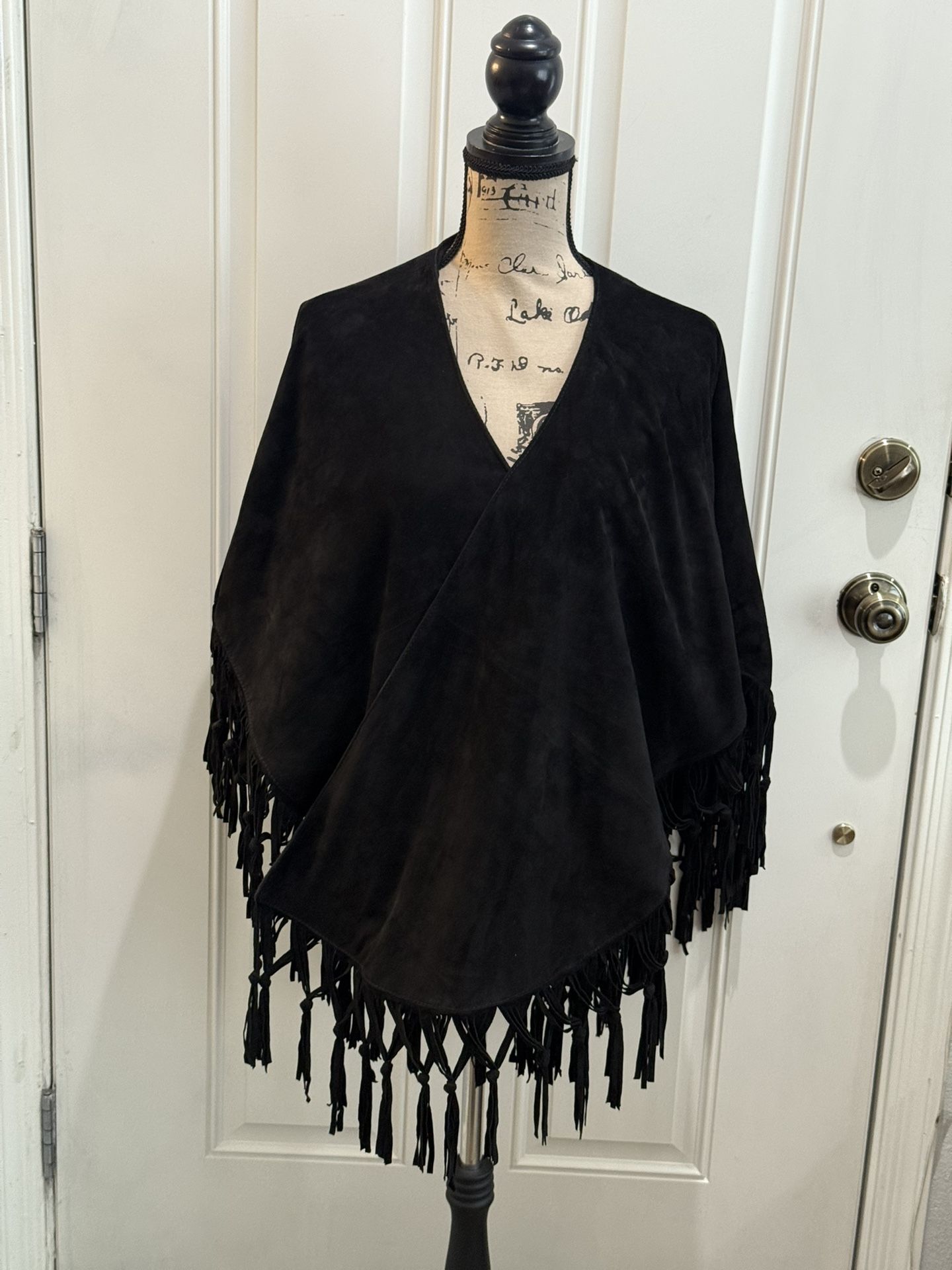 Vintage Handmade Black Suede Leather Poncho W/ Fringes - OS