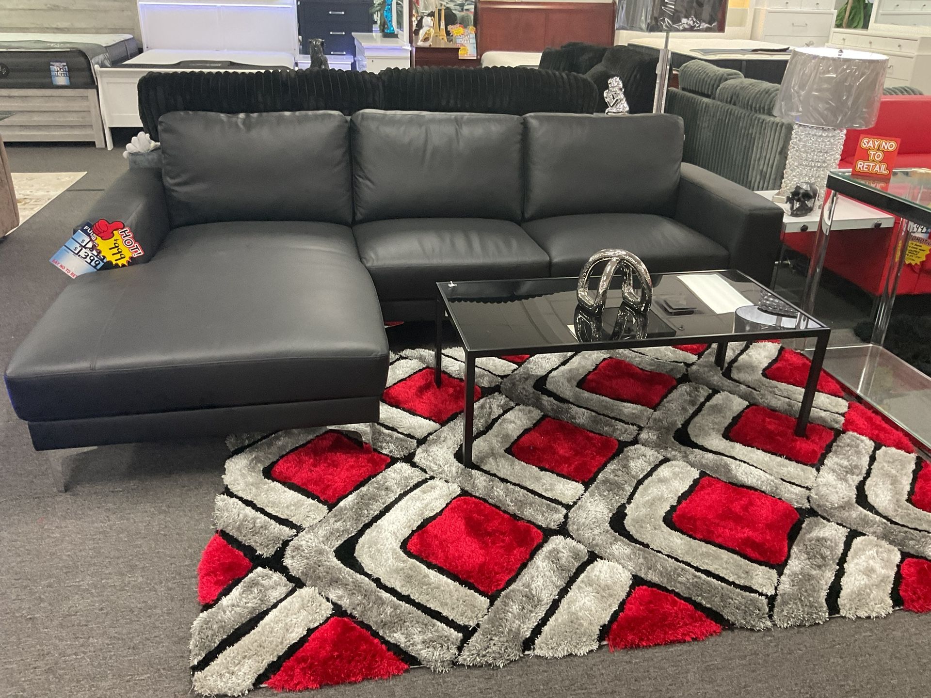 Black Real Leather Sectional ( Furniture Delivery) 40% Off