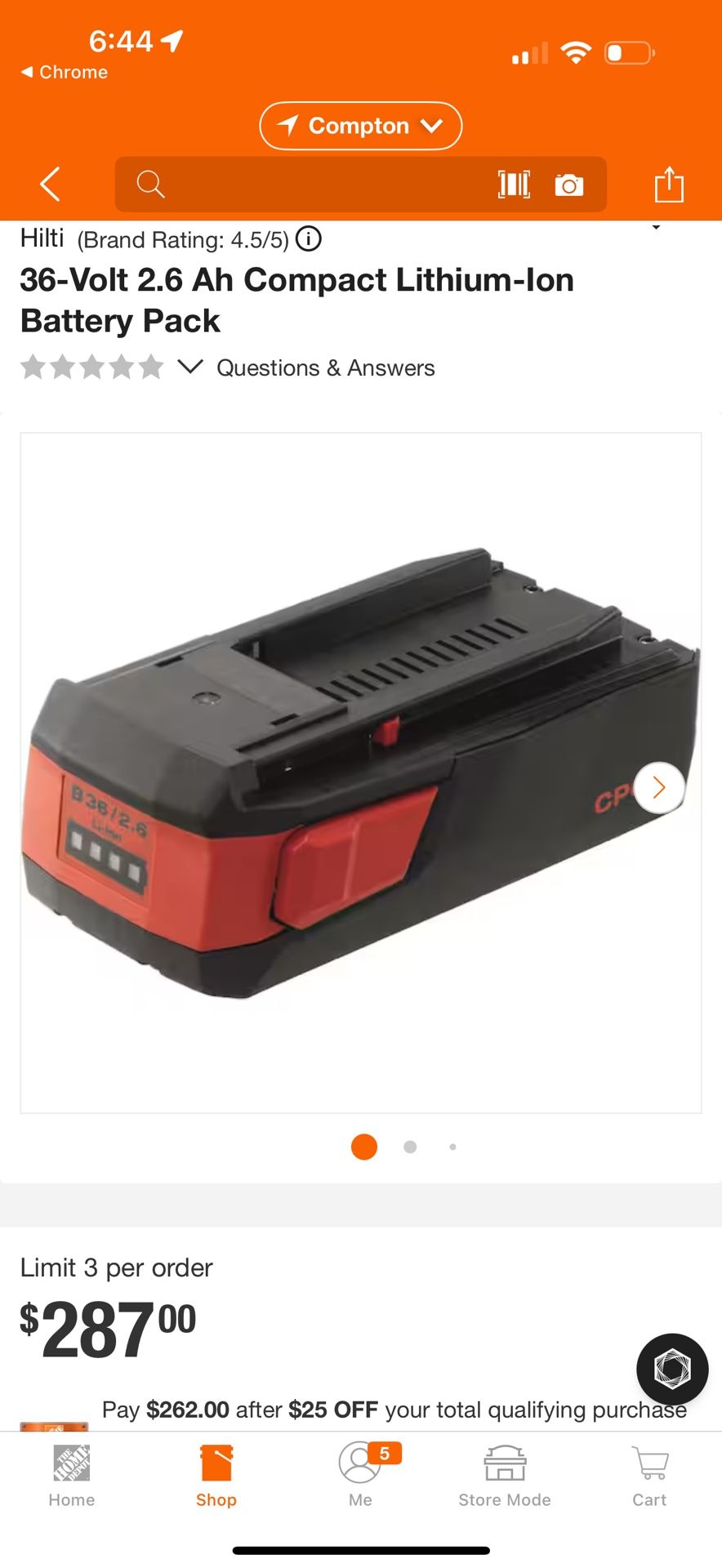 Hilti 36-Volt 2.6Ah Compact Lithium-ion Battery