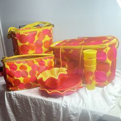 Tupperware Picnic Set muti Piece Yellow Red Orange Polka Dot Cooler set