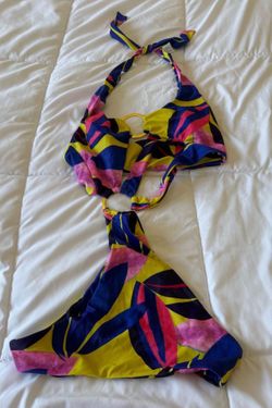 Vibrant Tropical Print Bikini Set - High-Waisted & Halter Top Design, Adjustable Straps, Trendy Beachwear