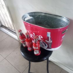 Coca-Cola Trash Can. With 3 Unopened Vintage Coca Cola Bottles.