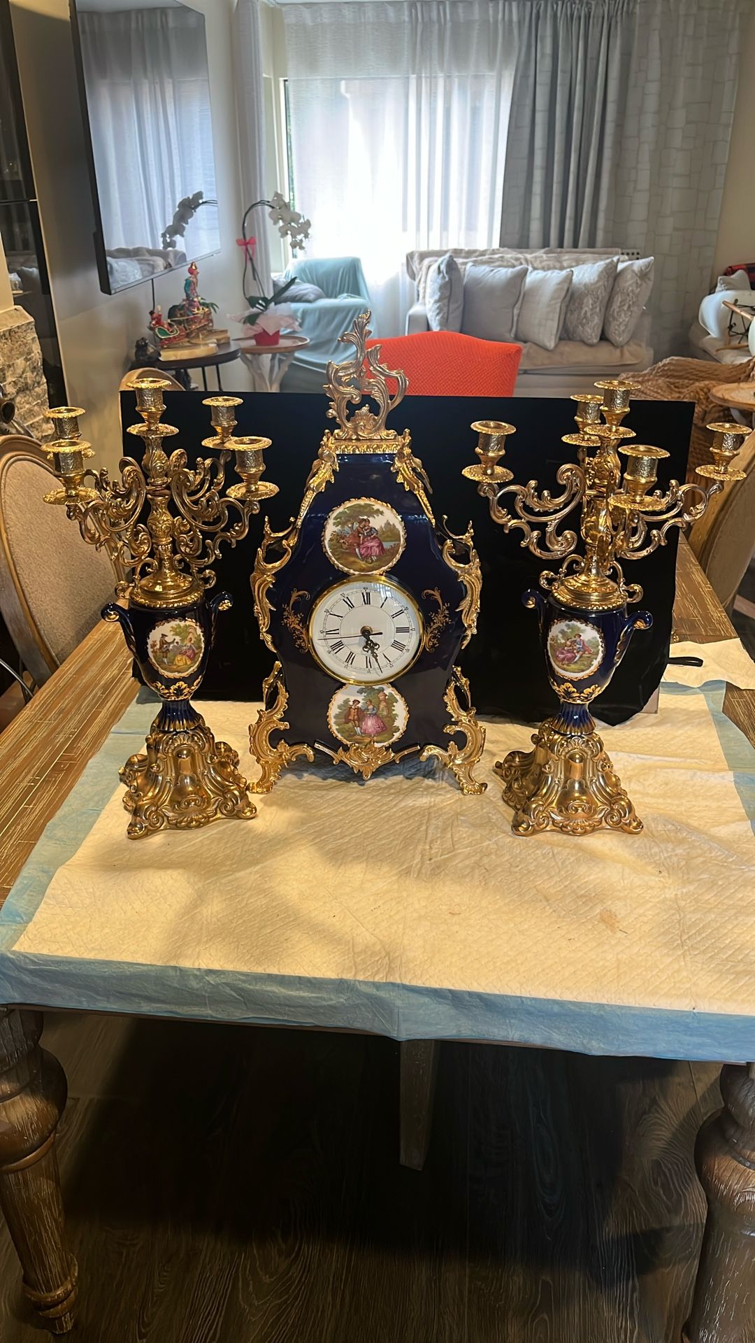 Antique Clock Sets 2 Candles Holder Made In Italian Excellent Condition Working Size Tolls 22 Inches Wide 12 Inches Cobalt (le Monge) And Brass (metal