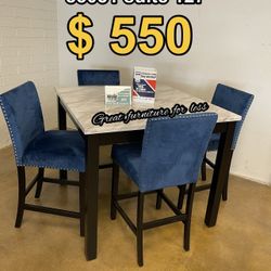 5 PCs Dining Table Set Include Table With 4 Chairs Blue Velvet Brand New