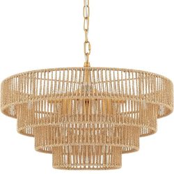 ELYCCUPA 6-Lights Hand-Woven Rattan Pendant Light 4 Round Transitional Minimalist Boho Large Pendant Light for Kitchen Island Dining Room Living Room 
