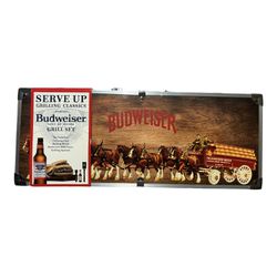 Budweiser Wooden Grill Kit with Carrying Case 4 Piece BBQ Gift Set NEW.