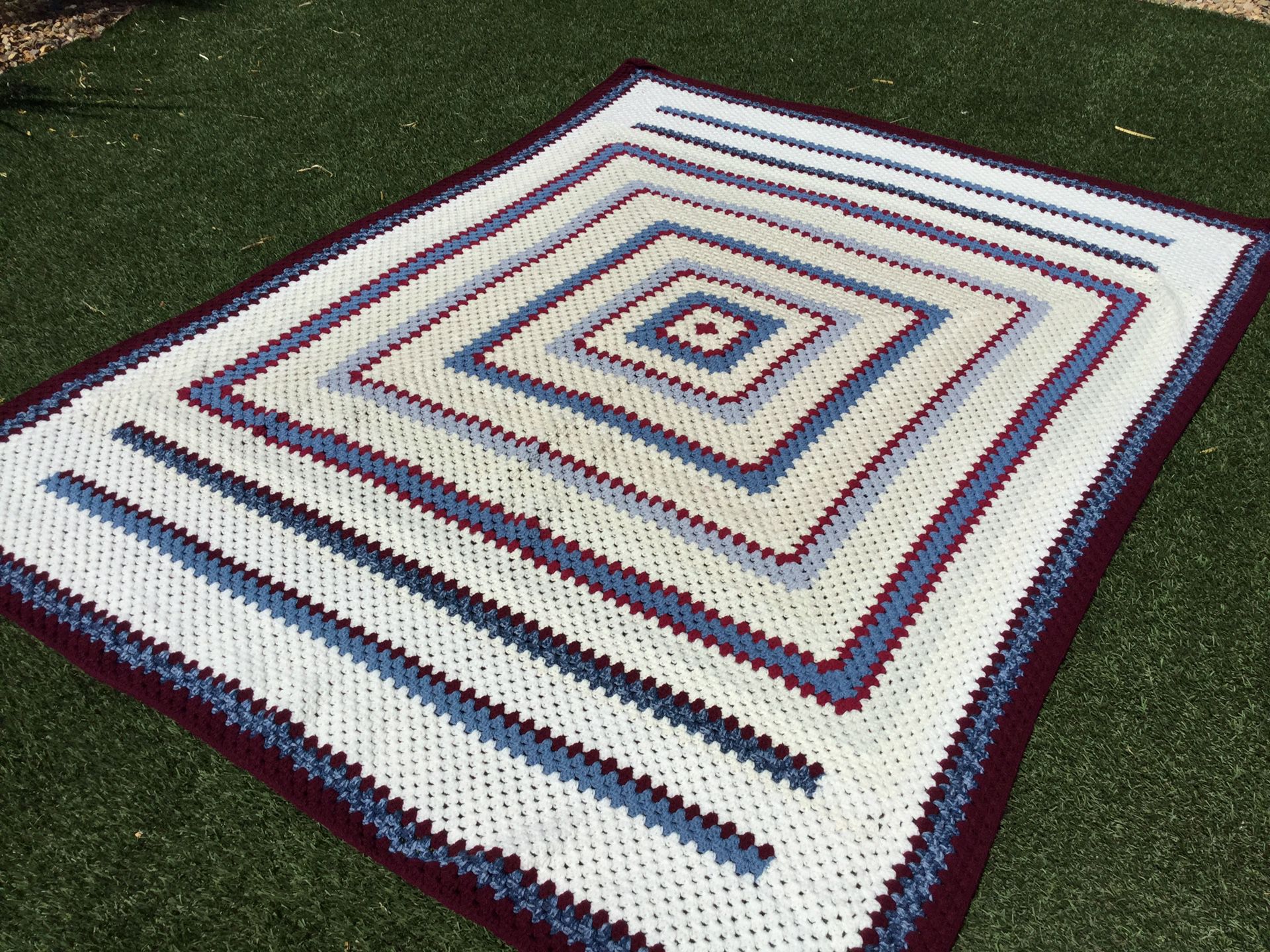 Handmade Crochet Cotton Afghan Throw Blanket 60” X 60” Multi Color Blue Crochet Blanket
