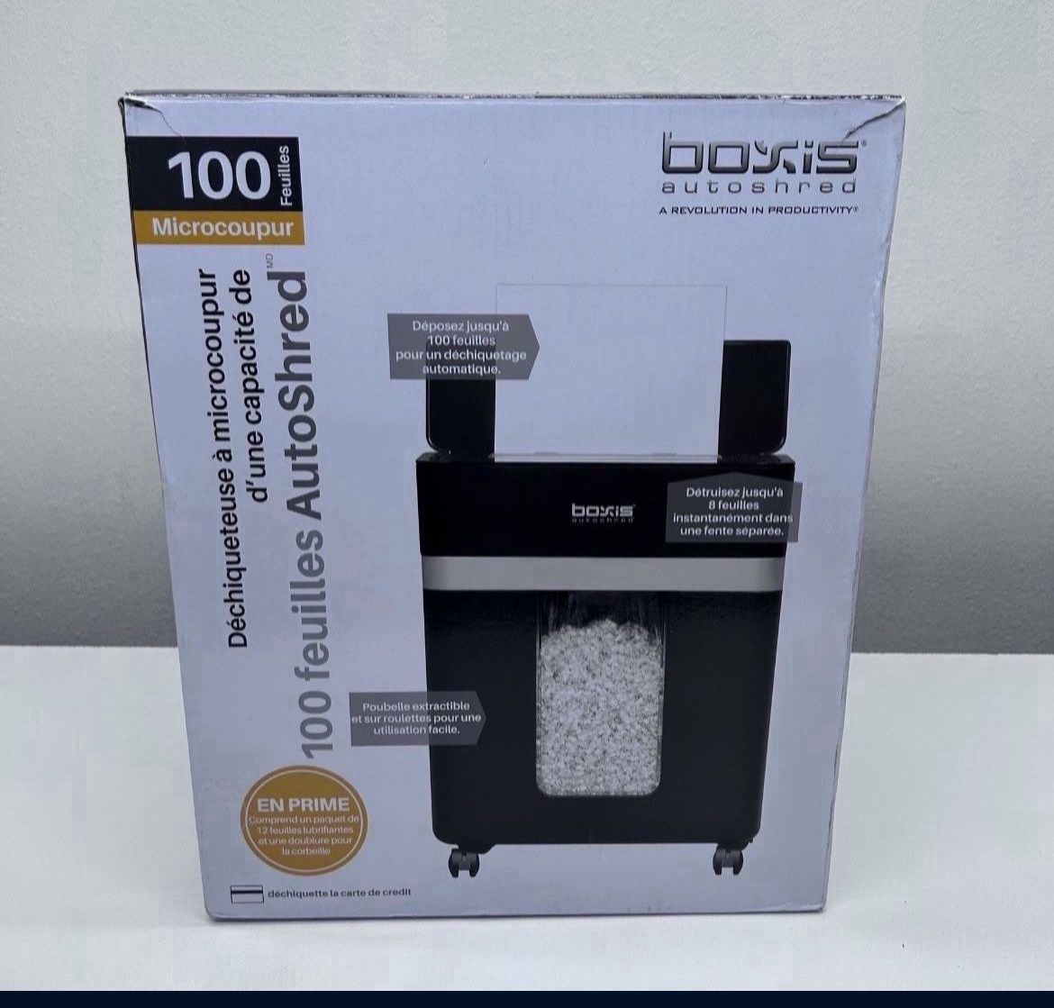 Boxis Autoshred 100-Sheet Micro-Cut Shredder, Black, AD100A Paper shredder shreds through credit cards and sheets with ease. 3.8-gallon wastebasket r