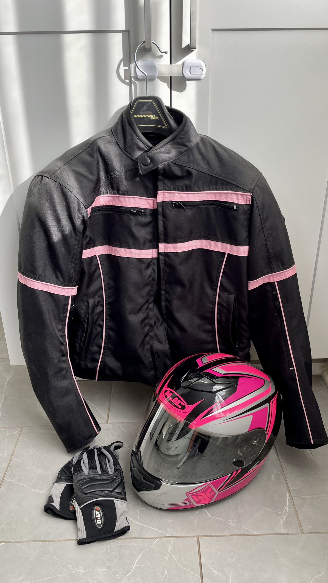 Womens Pink Motorcycle Jacket, Gloves, Helmet 