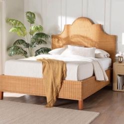 New Boho Rattan and Mahogany Wood Frame Queen Size Bed
