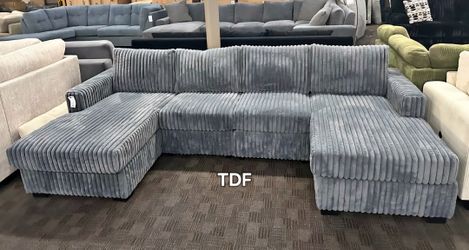 Brand New Grey Fur Like Corduroy Sectional Sofa w/Double Chaise (New In Box) 