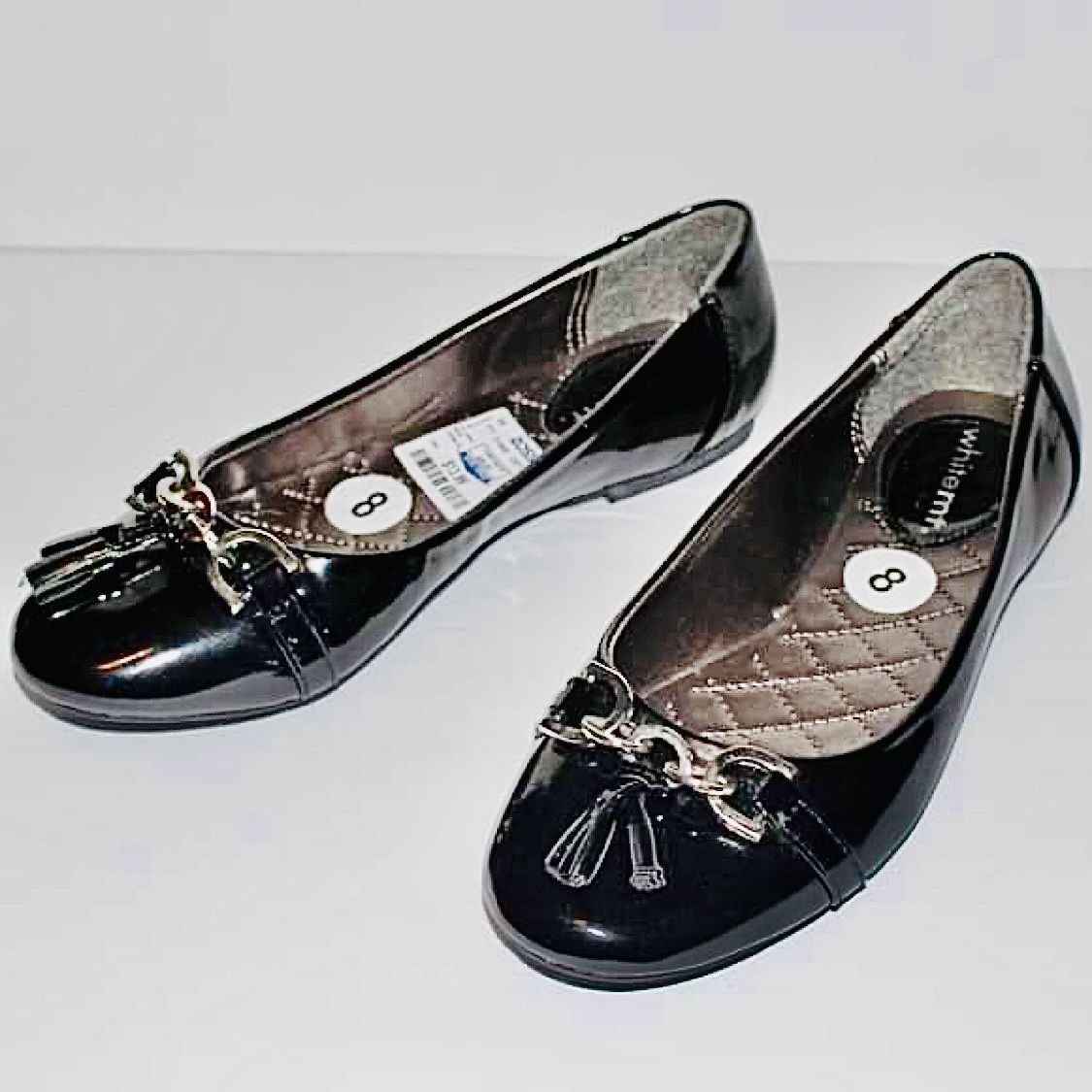 White Mountain Black Leather Flats w/ Buckle New