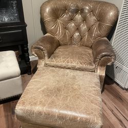 RH Churchill Style Tufted Leather Chair And Ottoman 